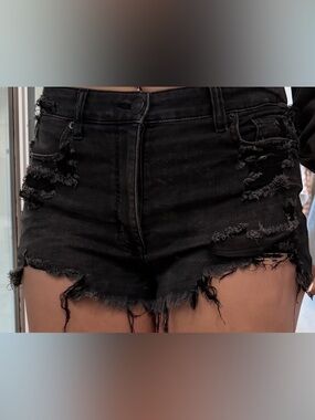 American Eagle Women’s Distressed Black Denim Shorts - Size 12